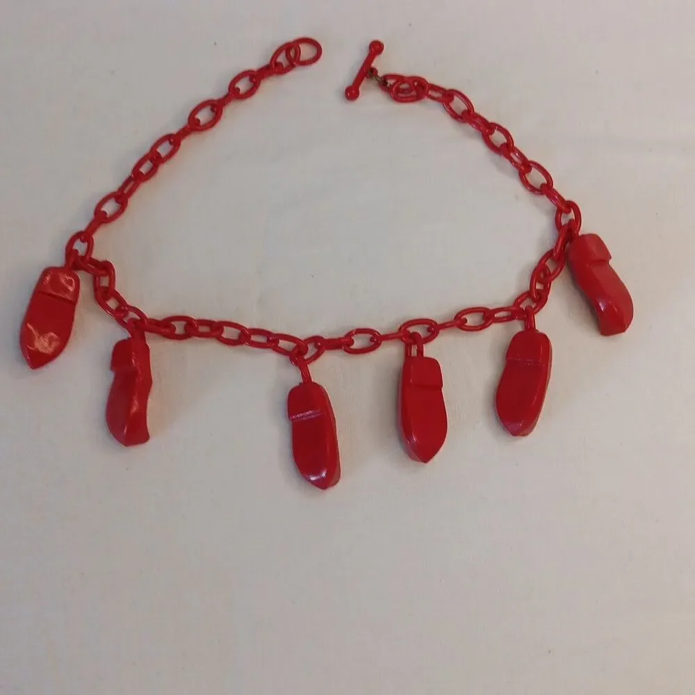 1930s-1940s Red Celluloid Clog Necklace Choker Plastic Whimsical 15in Red Shoes
